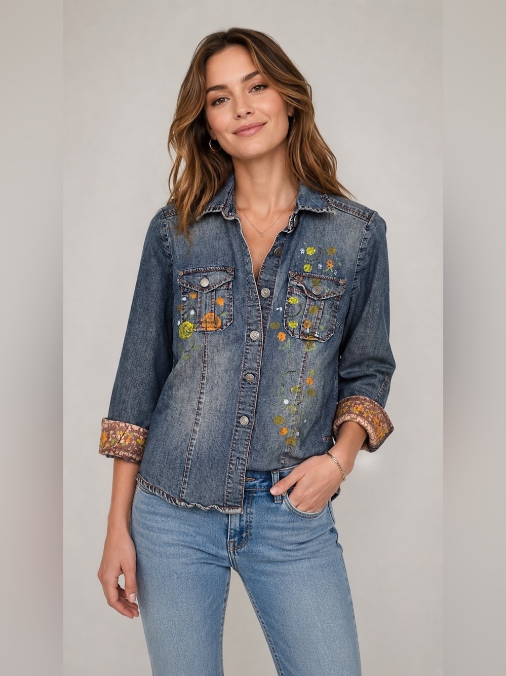 David Meister painted Denim Button-Front Shirt - Blue, Size 4